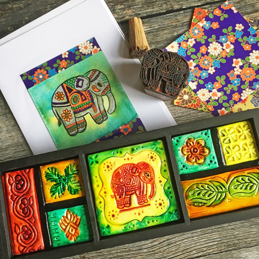 Triptych elephant artwork and handmade card