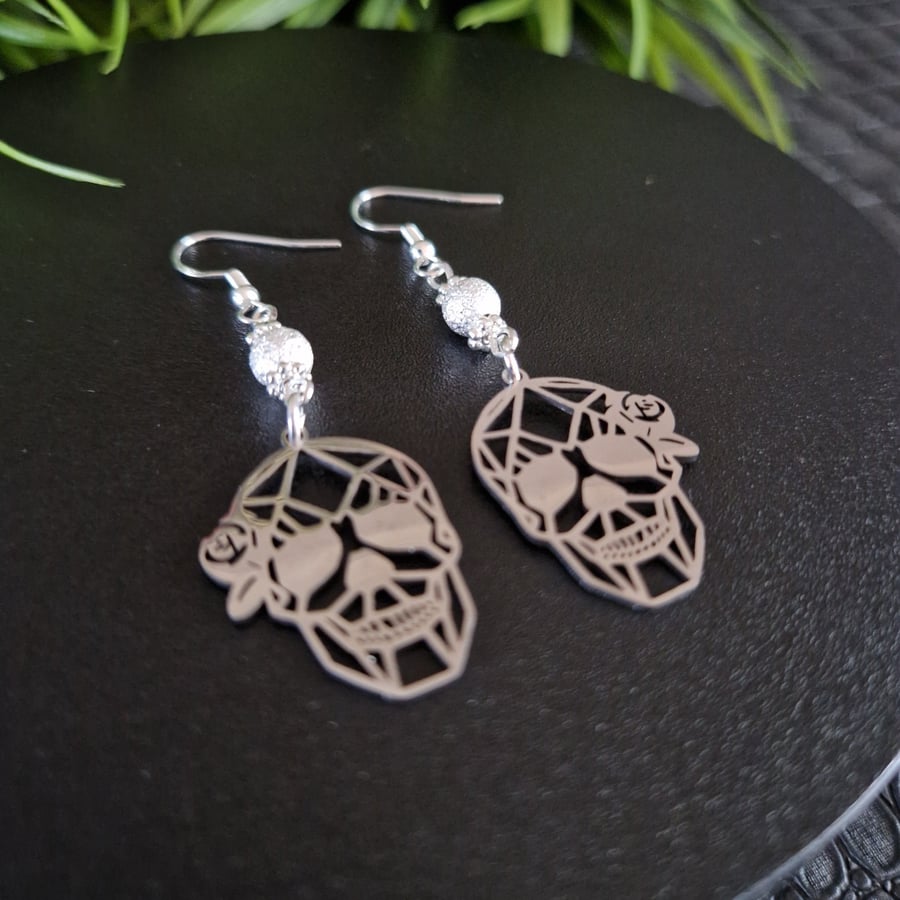 Gothic Skull and Rose Earrings Sterling Silver Earhooks