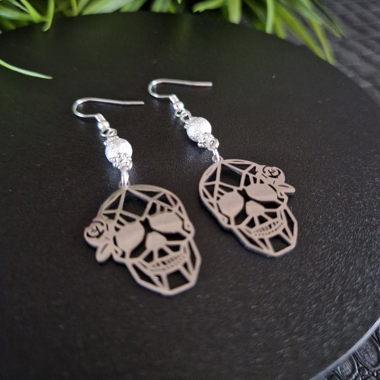 Gothic Skull and Rose Earrings Sterling Silver Earhooks