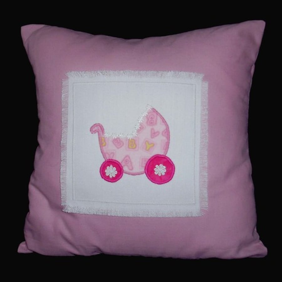 Nursery  cushion with pink pram applique