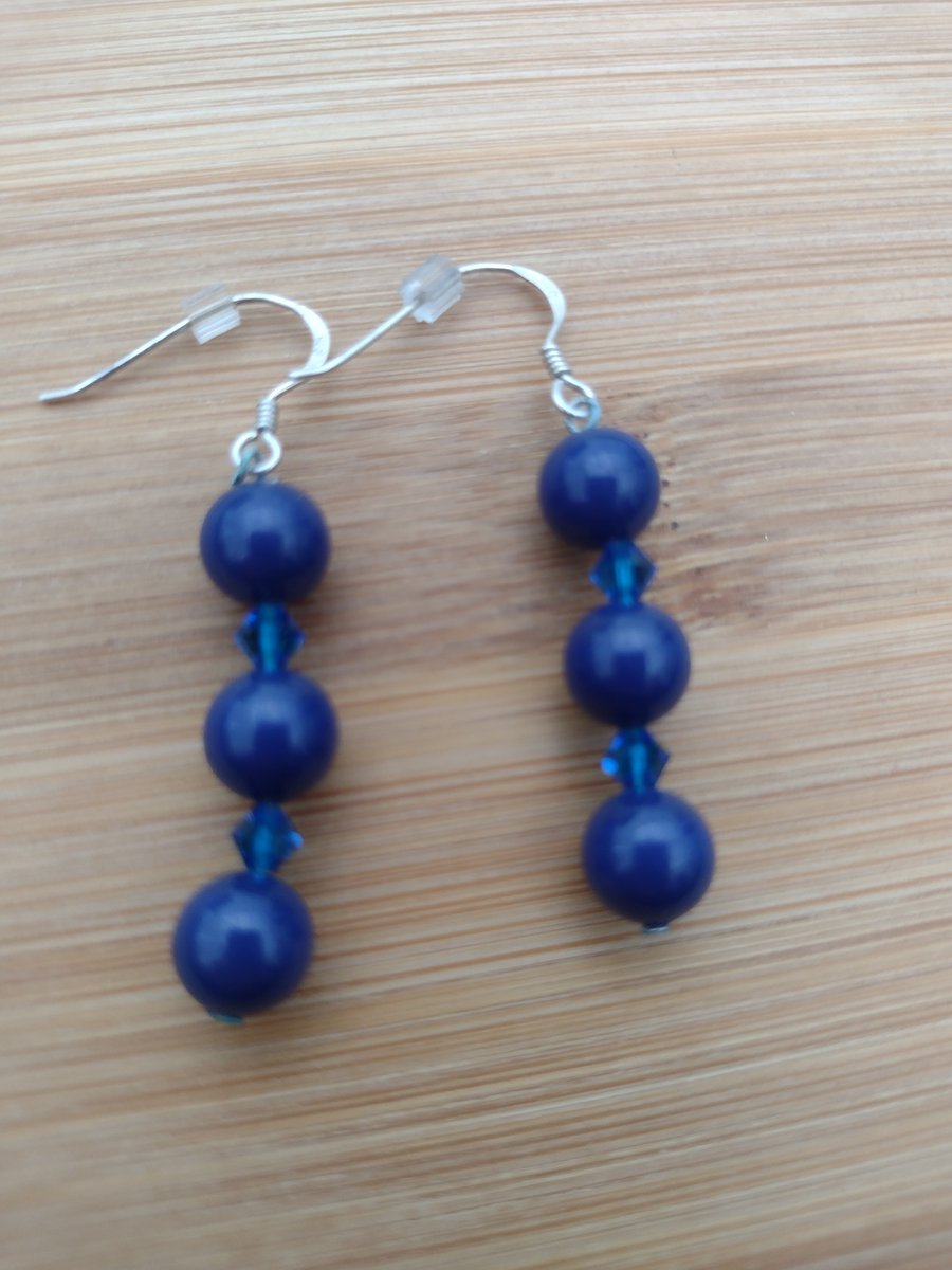 Midnight blue pearl earrings crystal sterling silver earwires for pierced ears