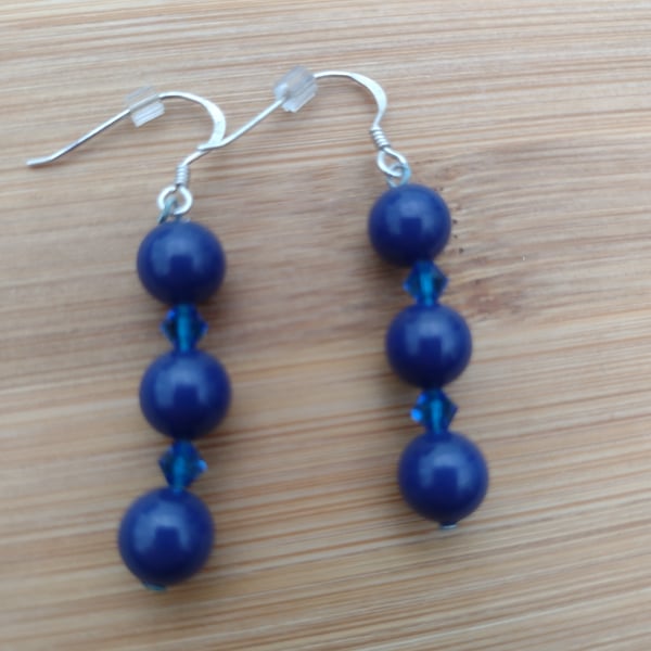 Midnight blue pearl earrings crystal sterling silver earwires for pierced ears