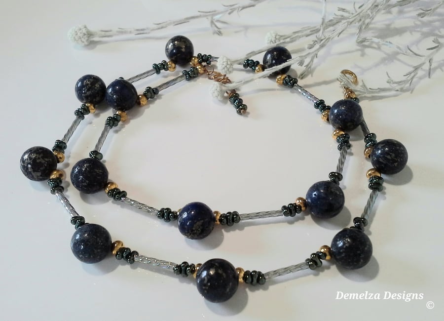 Lapis Lazui Gemstone & Seed Bead Gold Plated Necklace