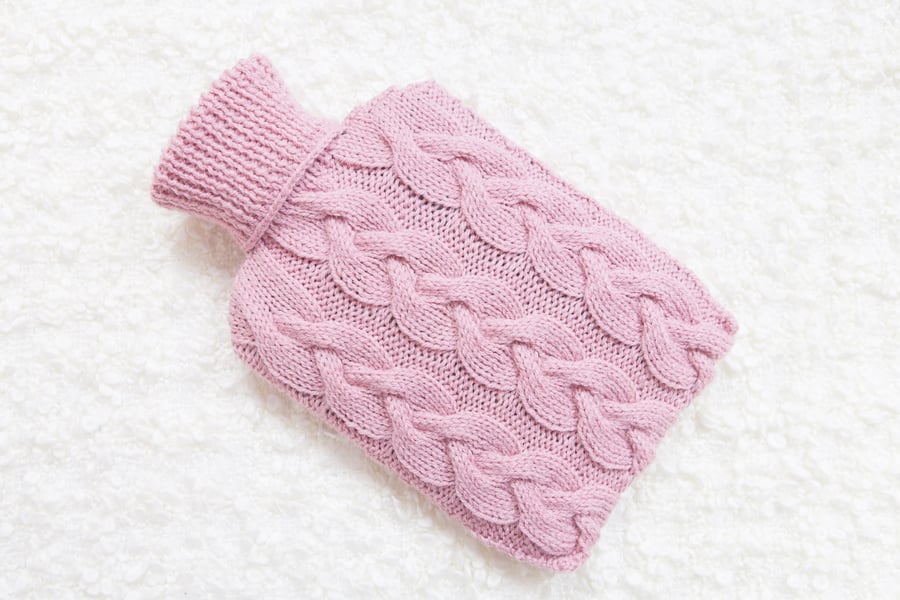 Hand knitted hot water bottle cover, cosy in pink. Rustic bedroom, home decor
