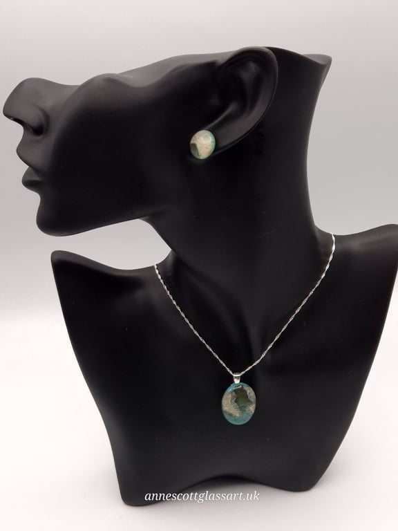 Turquoise Silver Leaf Fused Glass Stud Earrings and Pendant Set