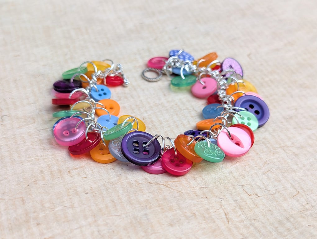 Dainty rainbow button bracelet on silver plated chain with toggle clasp 