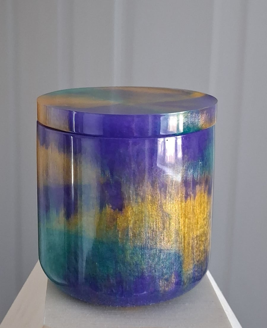 Handmade purple, green and gold marbled epoxy resin decorative pot with lid.