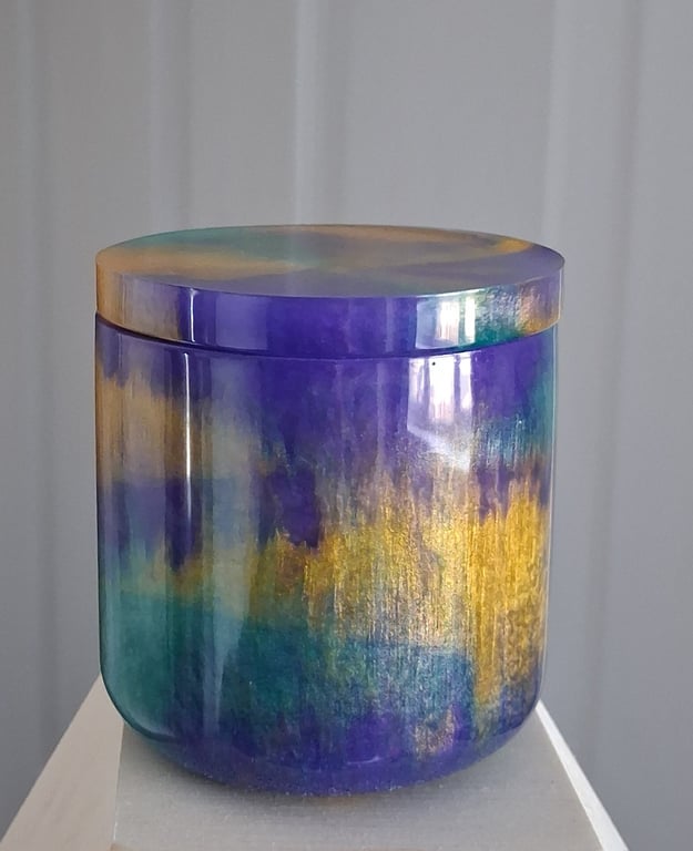 Handmade purple, green and gold marbled epoxy resin decorative pot with lid.