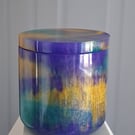 Handmade purple, green and gold marbled epoxy resin decorative pot with lid.