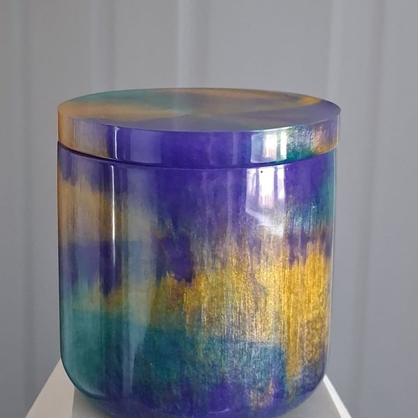 Handmade purple, green and gold marbled epoxy resin decorative pot with lid.