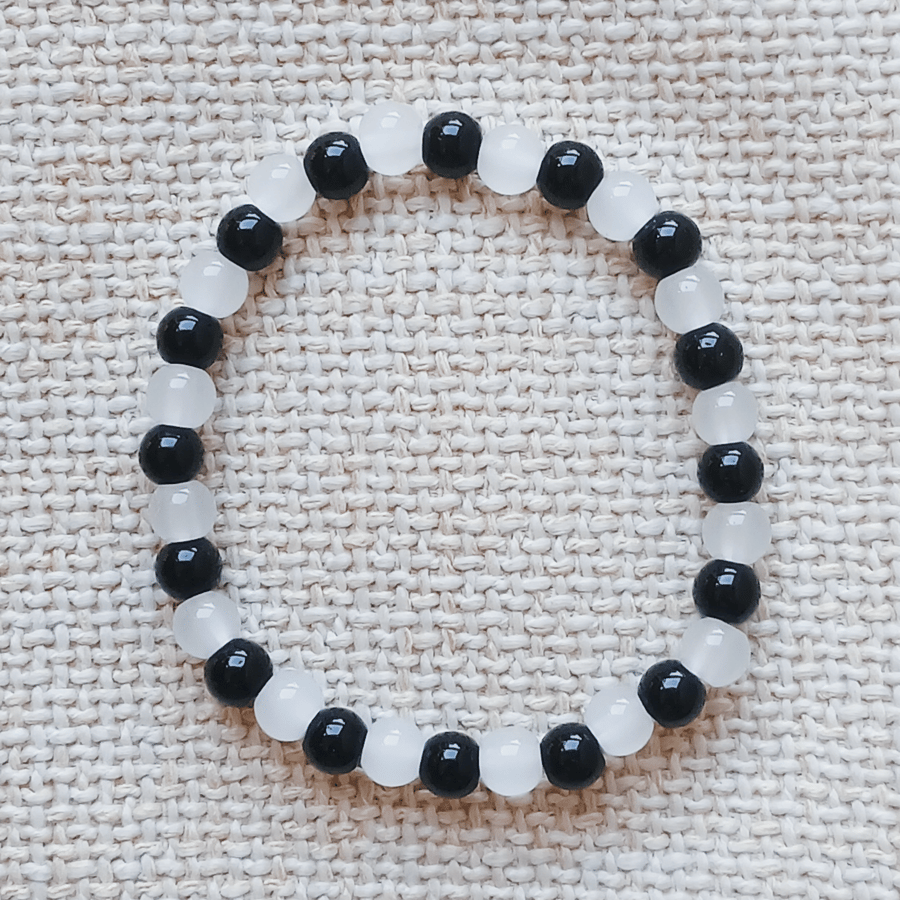 Ladies Selenite and Black Tourmaline Elastic Bead Bracelet