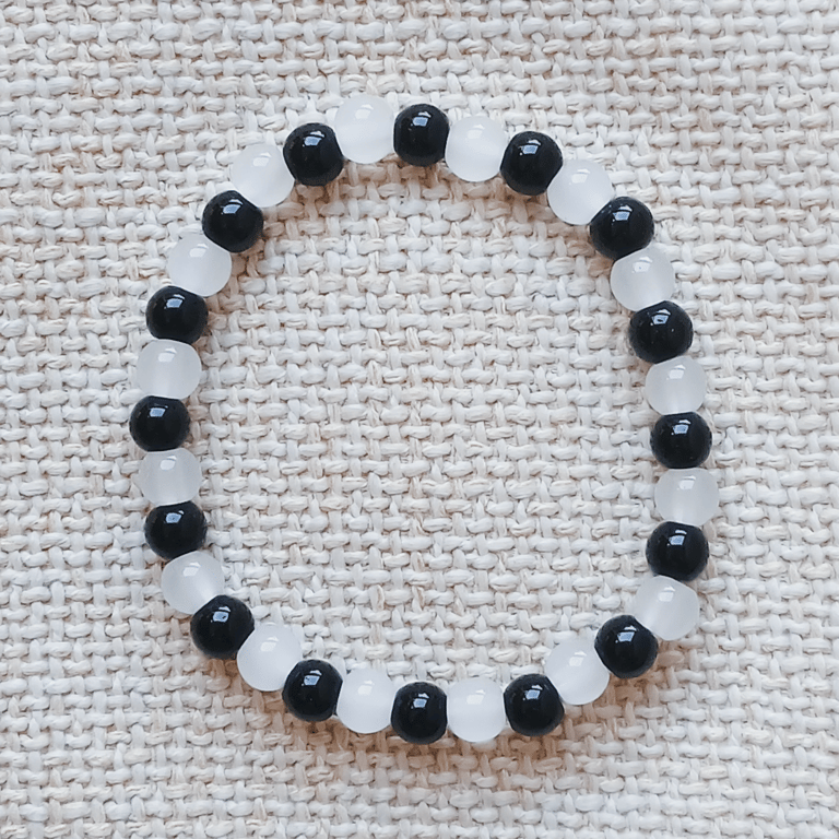 Ladies Selenite and Black Tourmaline Elastic Bead Bracelet