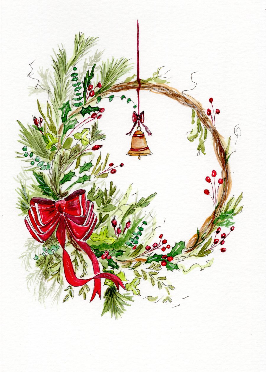 Traditional Christmas Wreath Card – Festive Greenery with Red Bow & Gold Bell