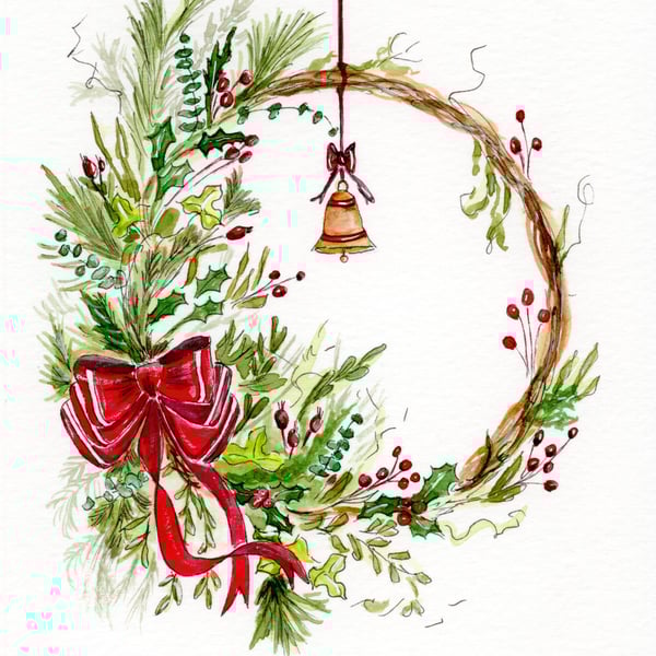 Traditional Christmas Wreath Card – Festive Greenery with Red Bow & Gold Bell