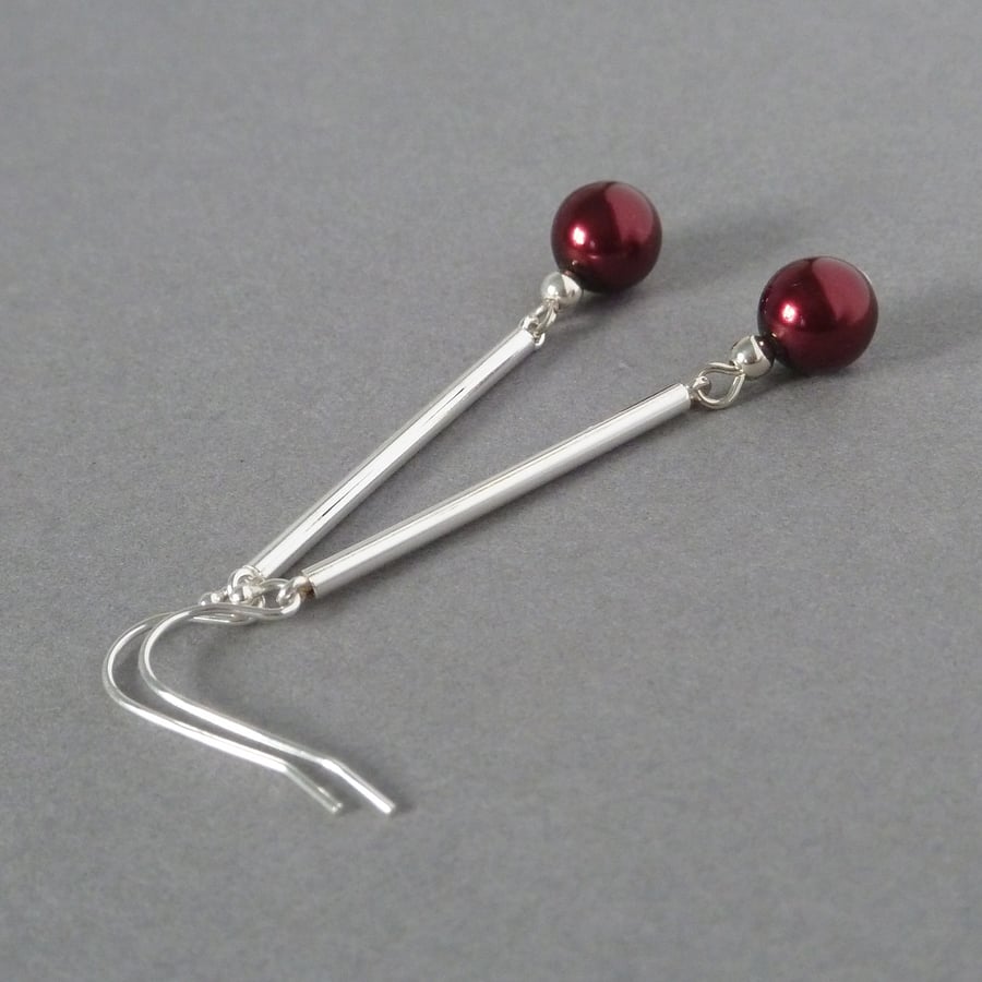 Long Burgundy Pearl & Silver Bar Dangle Earrings - Simple Dark Red Drop Earrings