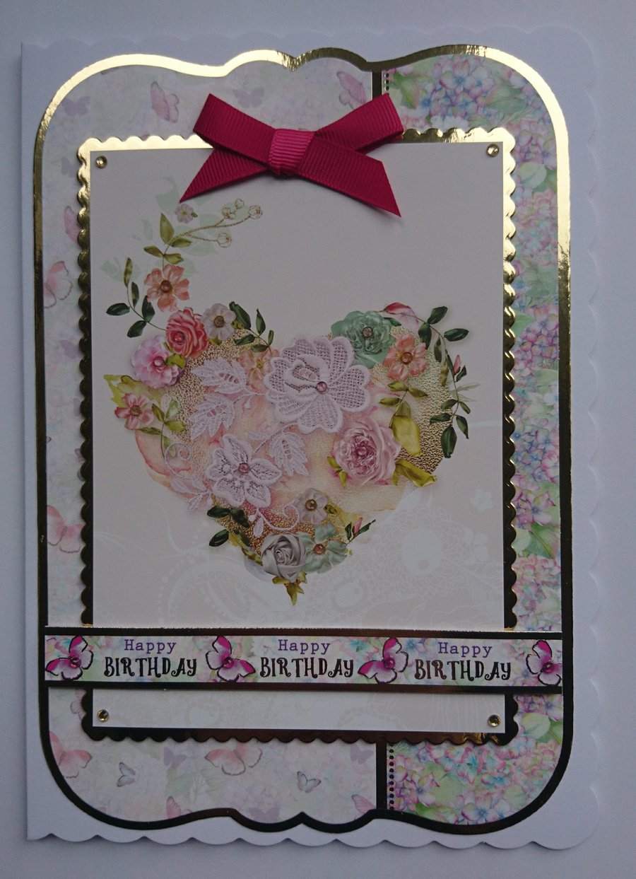 Birthday Card Vintage Lace Heart Flowers Butterflies Happy Birthday