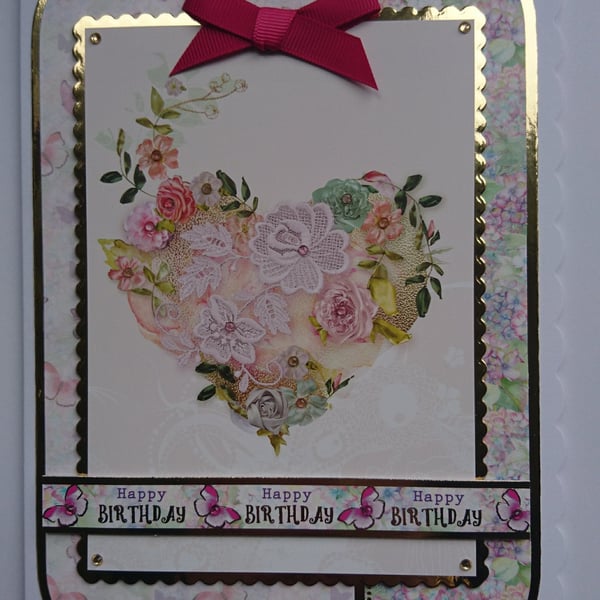 Birthday Card Vintage Lace Heart Flowers Butterflies Happy Birthday