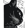 Cat art - Black Cat Profile - Original Hand Pulled Linocut Print