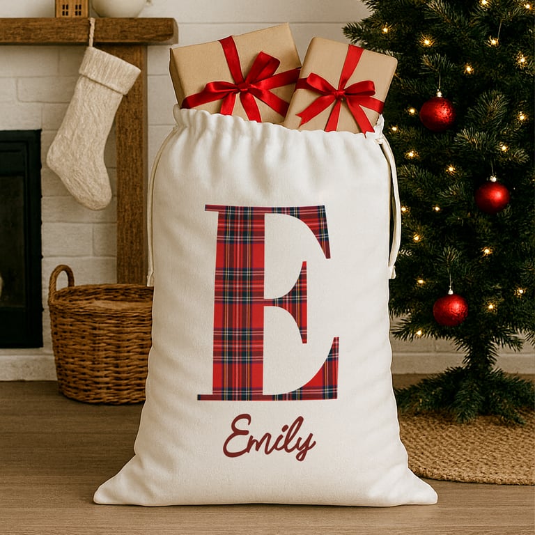 Personalised Christmas Present Sack with Tartan Monogram – Custom Name Gift Bag