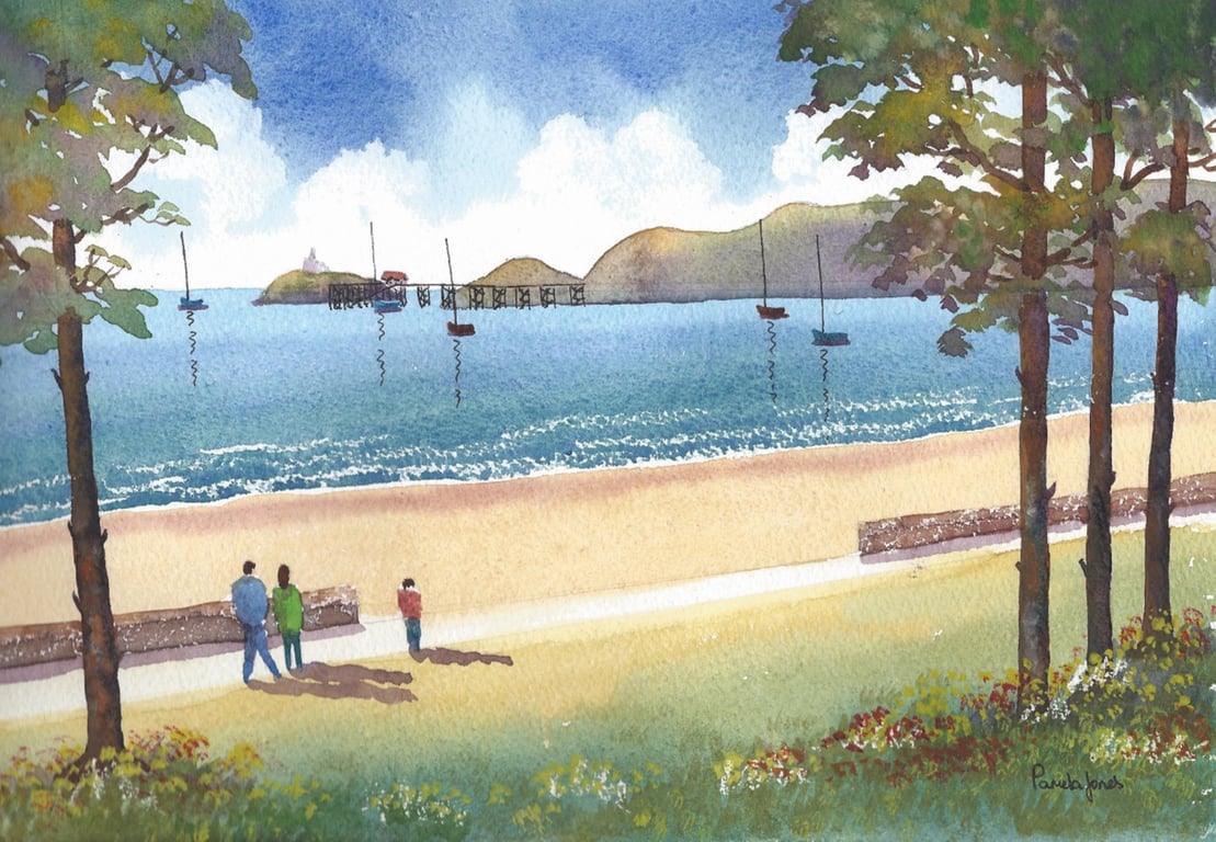 Stroll To Mumbles, Swansea Bay - Watercolour Print in 9 x 7 '' Mount