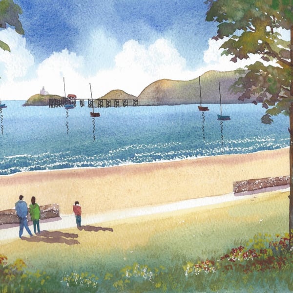 Stroll To Mumbles, Swansea Bay - Watercolour Print in 9 x 7 '' Mount
