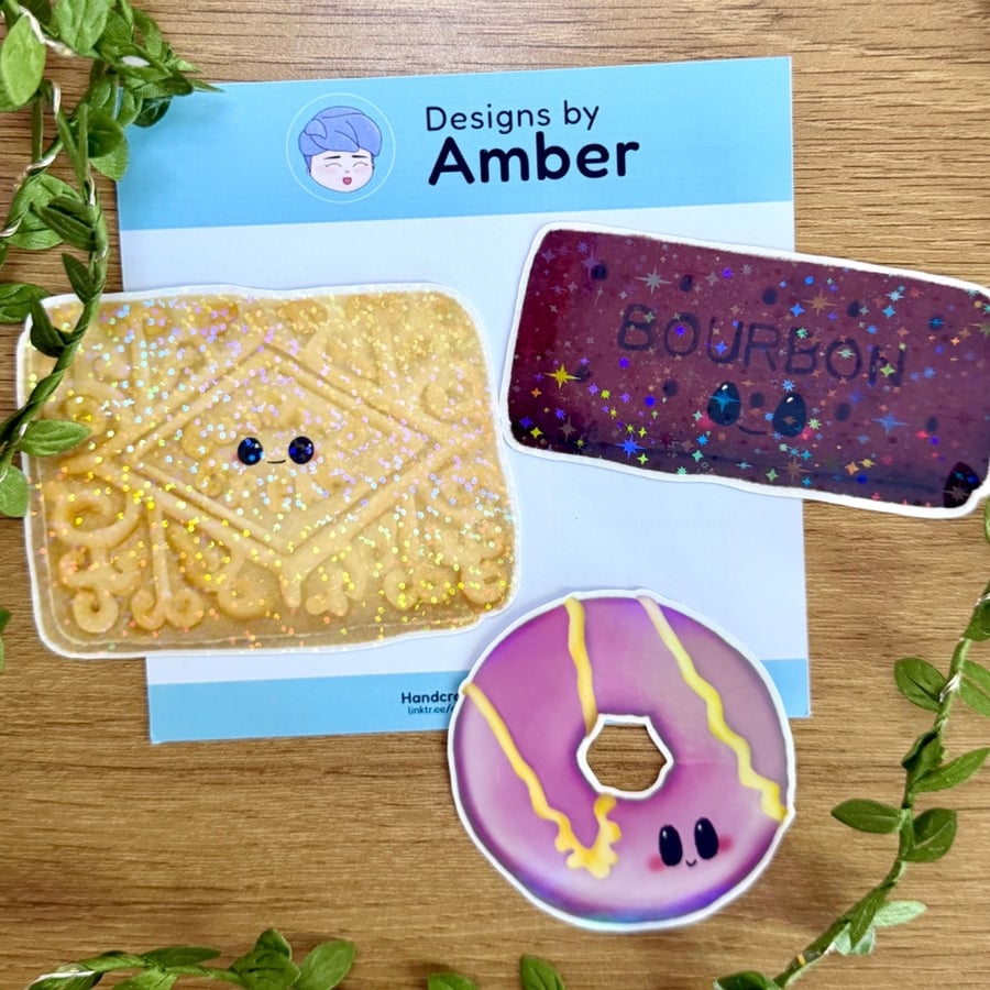 Biscuit Vinyl Sticker Set - Retro Bourbon Party Ring Custard Cream Holographic