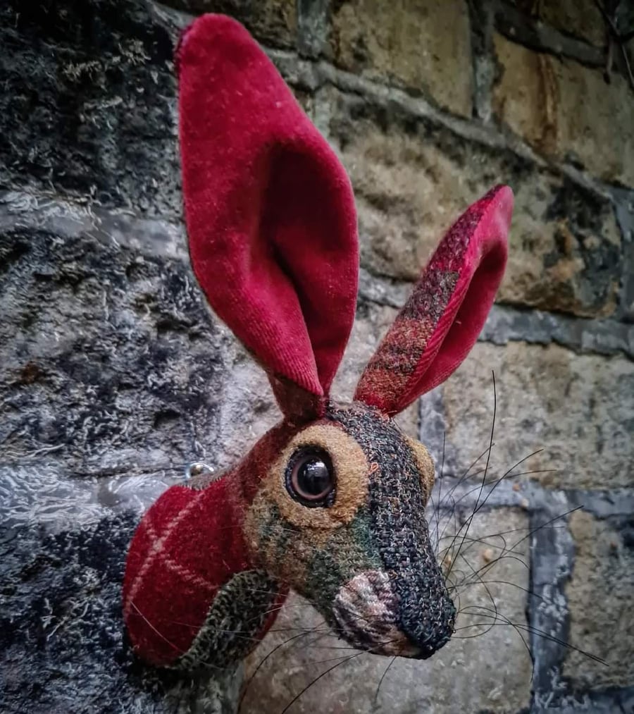 Faux hare head wall mount in muted red and green wool tartan- Mr Harrison