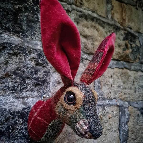 Faux hare head wall mount in muted red and green wool tartan- Mr Harrison