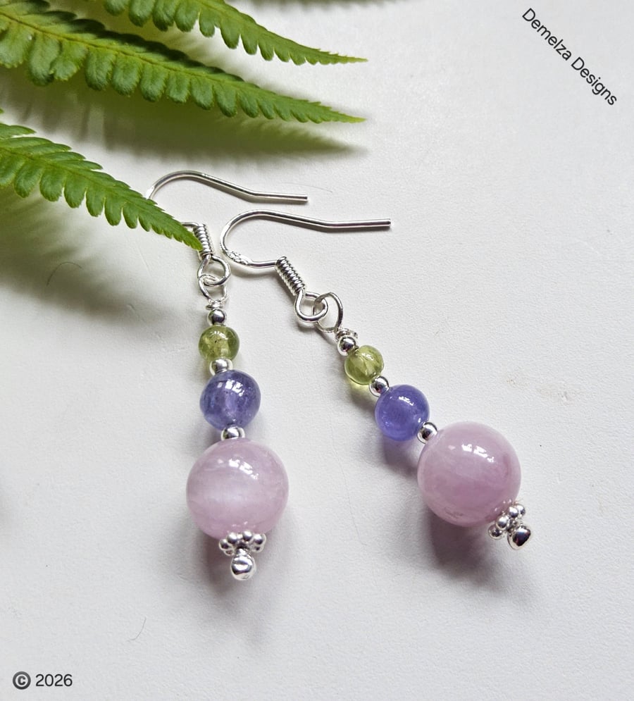 Pink kunzite, Tanzanite & Peridot Sterling Silver Earrings 
