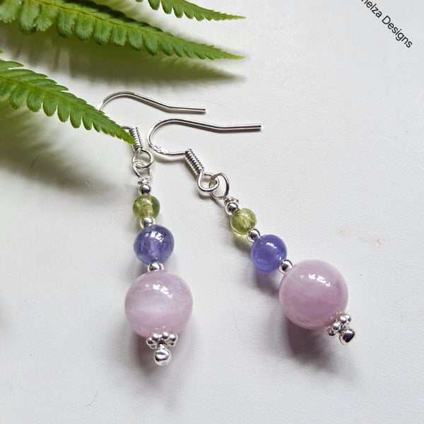 Pink kunzite, Tanzanite & Peridot Sterling Silver Earrings 