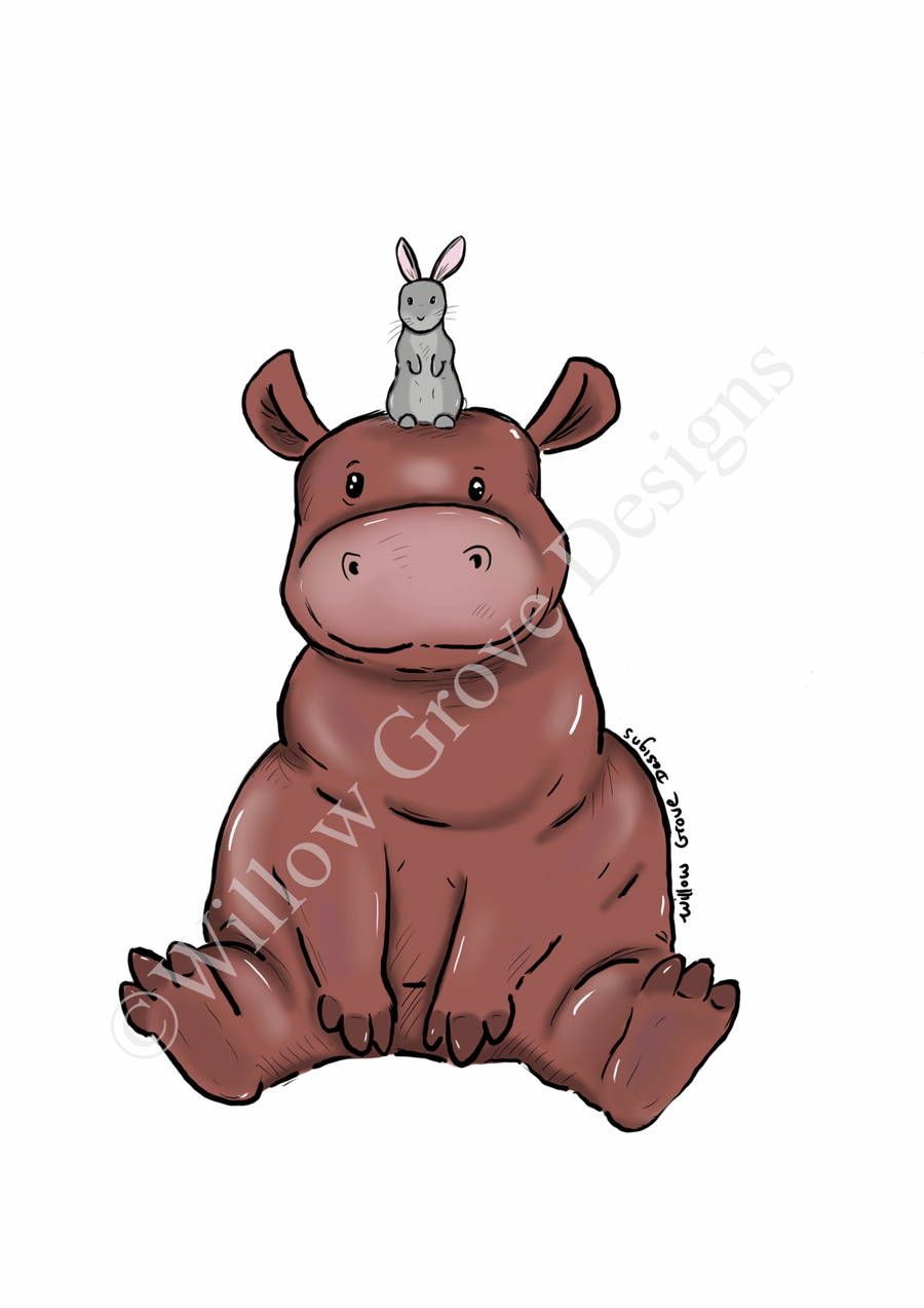 Bunny and hippo pals art print 