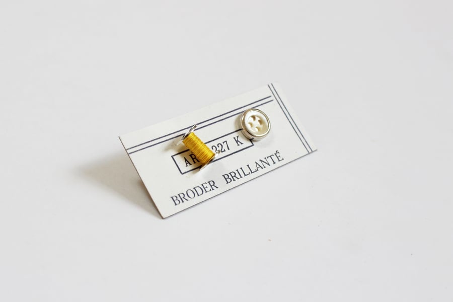 Cotton reel and vintage button earrings, asymmetrical, silver earrings