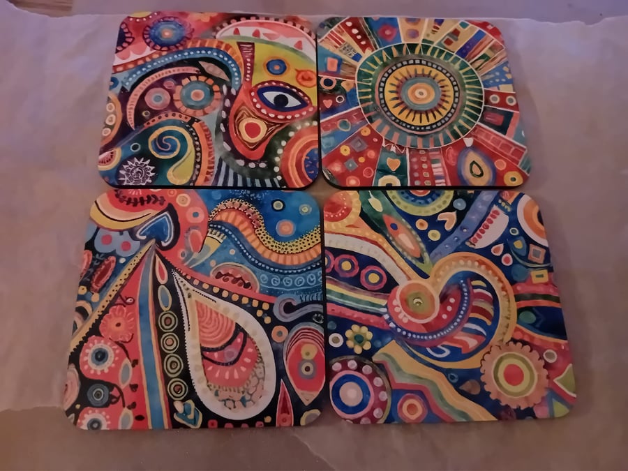 9cm square coaster - vibrant swirls - sublimated