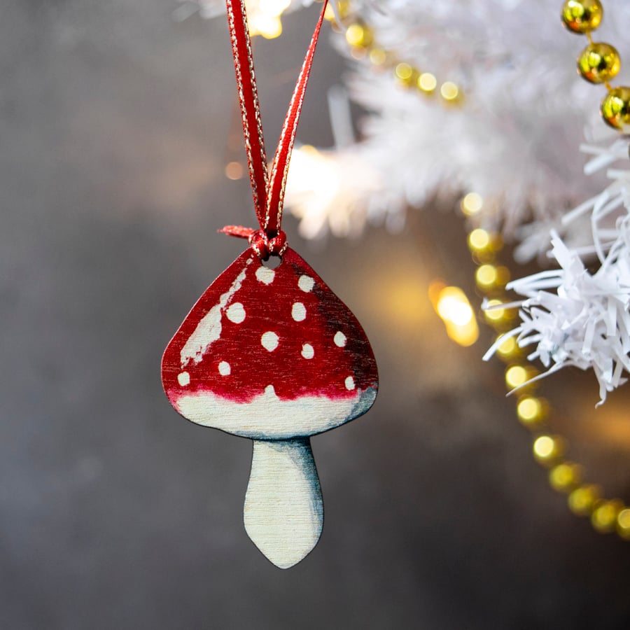Mini woodland mushroom Christmas hanging decoration, double sided
