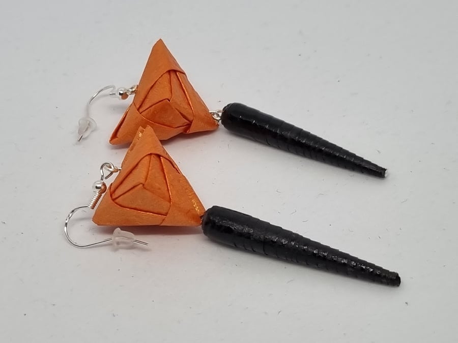 Burnished orange pearlescent and black paper earrings 