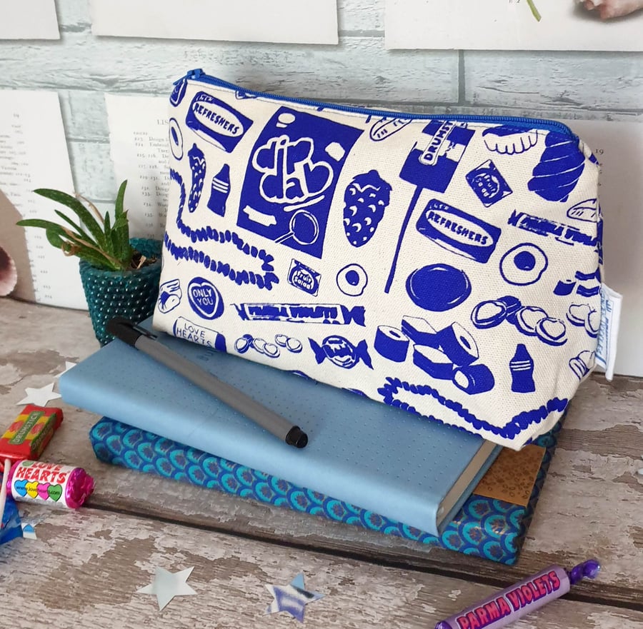 Handmade Screen Printed Retro 90's Childhood Pick and Mix Sweets Wash Bag 