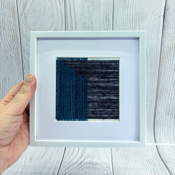 Blue Geometric Yarn Art - Handmade Framed Textile Art