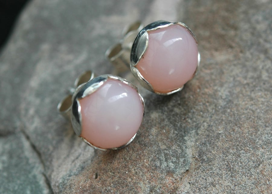 Sterling silver and Pink Opal stud earrings in Petal settings.October birthstone
