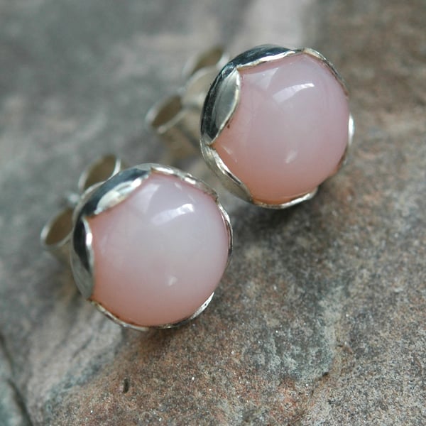 Sterling silver and Pink Opal stud earrings in Petal settings.October birthstone