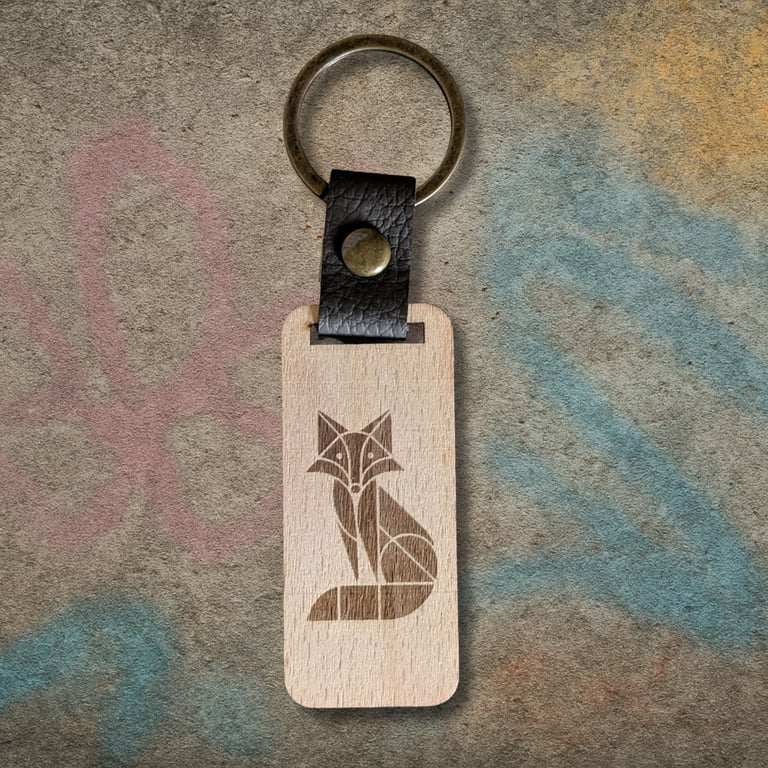 Geometric Fox Wooden Keyring – Walnut, PU Leather & Zinc Alloy