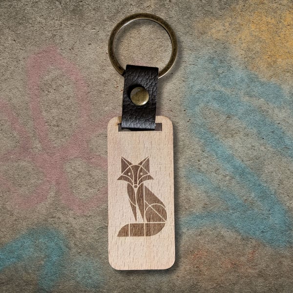 Geometric Fox Wooden Keyring – Walnut, PU Leather & Zinc Alloy