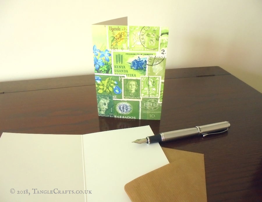 Tonal Green Stamp Art Notecard, A6 - Postage Stamp Collage Print - Single or Set