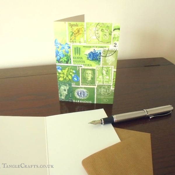 Tonal Green Stamp Art Notecard, A6 - Postage Stamp Collage Print - Single or Set