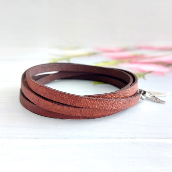 Brown Leather Angel Wings Wrap Bracelet