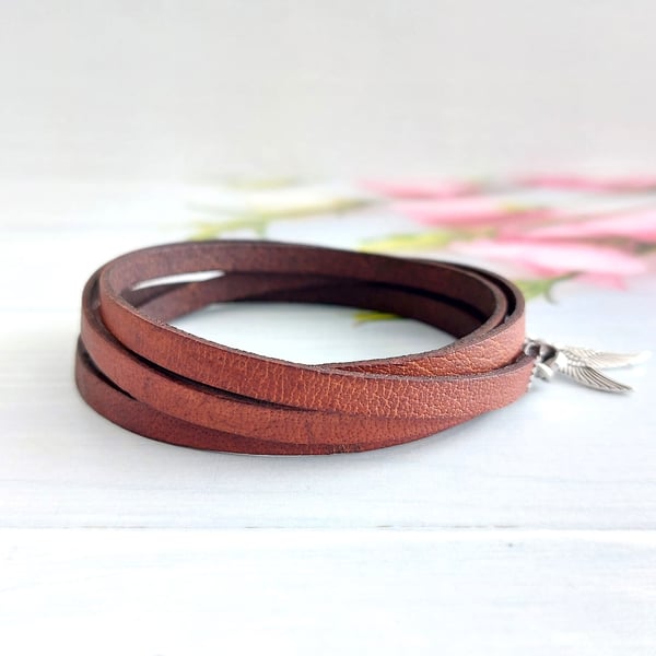 Brown Leather Angel Wings Wrap Bracelet