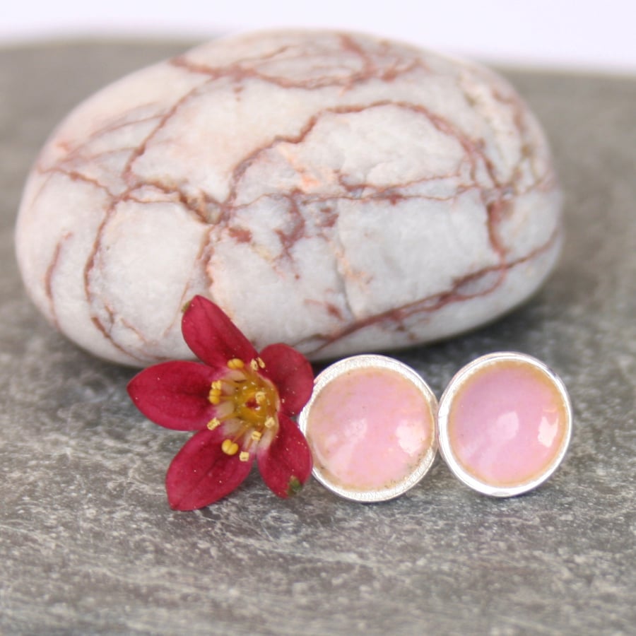 Pink enamel and silver stud earrings