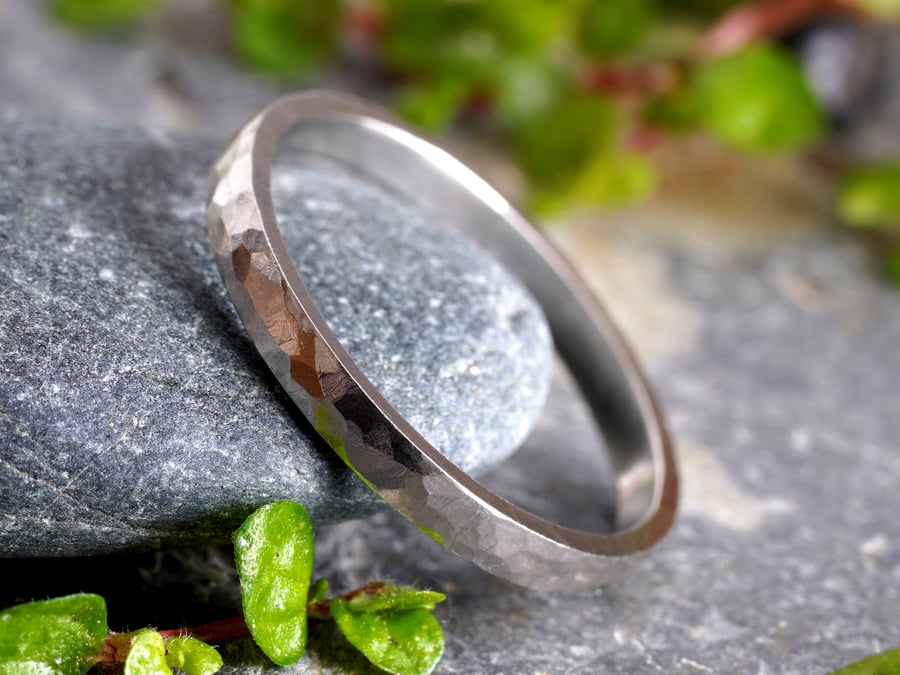 2mm Platinum Wedding Band With Hammered Effect