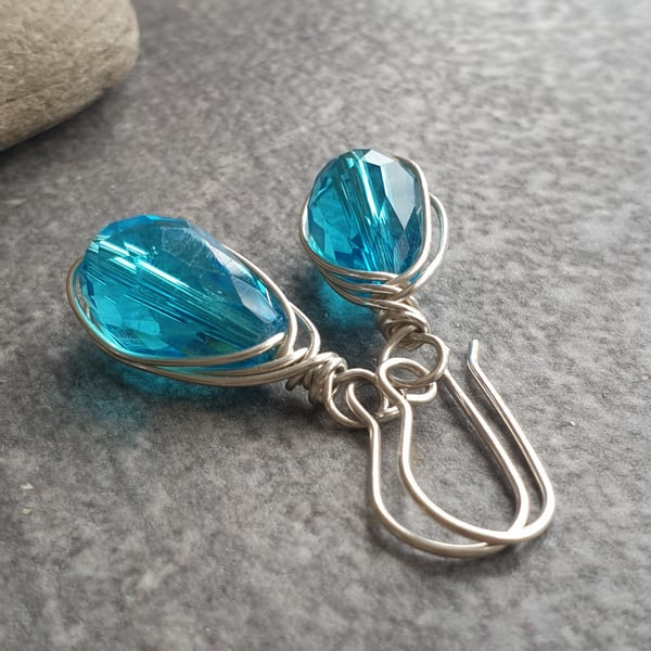 Silver and turquoise glass teardrop earrings, Raindrop earrings