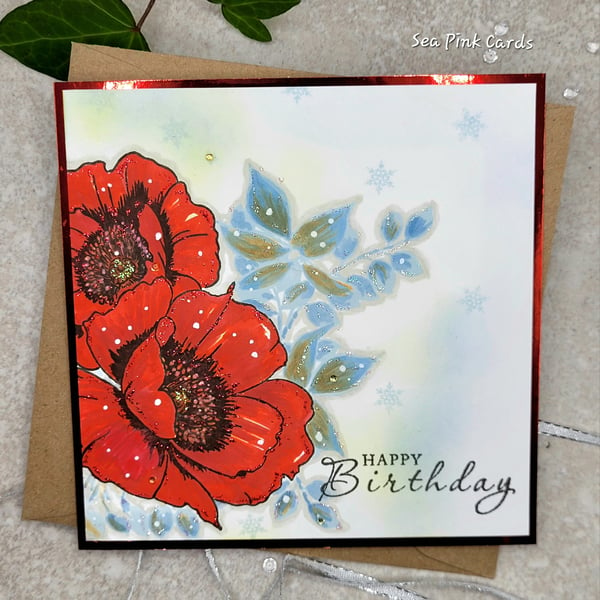  Floral Birthday Card - cards, handmade, flowers, red, winter, snowflakes