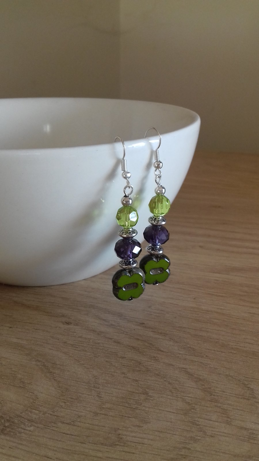 GREEN, DARK LILAC AND SILVER CZECH BEAD EARRINGS.